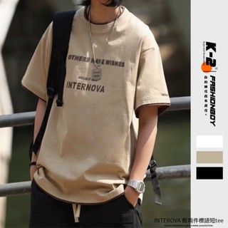【K-2】INTERNOVA 字母印花 標語 假兩件 短T 寬鬆短袖 上衣 穿搭 百搭 懶人福音 K2【J24007】