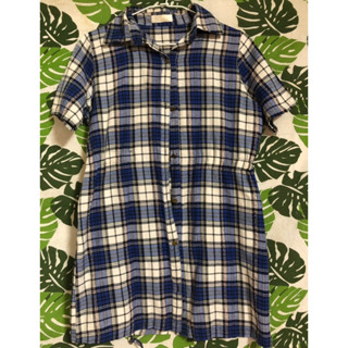 藍白格子短袖長版襯衫 連身裙 連衣裙