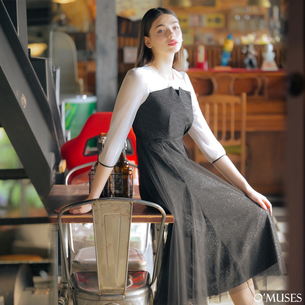 【OMUSES】花苞蕾絲拼接黑色長洋裝Y60-L497