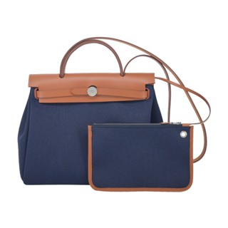 Hermes 愛馬仕 Herbag 31cm 帆布兩用包(CC藏青/棕/W刻/銀釦)｜JS Maxx官方旗艦館