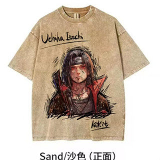 火影忍者 宇智波鼬 純棉T恤 重磅oversize水洗做舊短t t恤男短袖美式復古蠟染純棉寬松圓領落肩半袖男