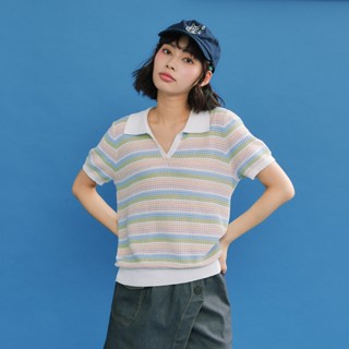 【Dailo】彩虹條紋半開襟短袖針織上衣 粉 灰 (魅力商品)