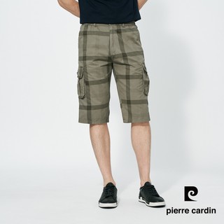 【pierre cardin 皮爾卡登】男款 側鬆緊腰頭印花格紋平口休閒七分褲-卡其綠 (5257965-84)