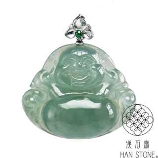 【漢石齋】天然翡翠A貨 彌勒佛白18K金墜頭玉佩吊墜 冰種藍水(28*24*6mm)