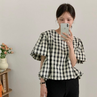 【白鳥麗子】溫柔拼色格紋/純色圓領燈籠袖上衣