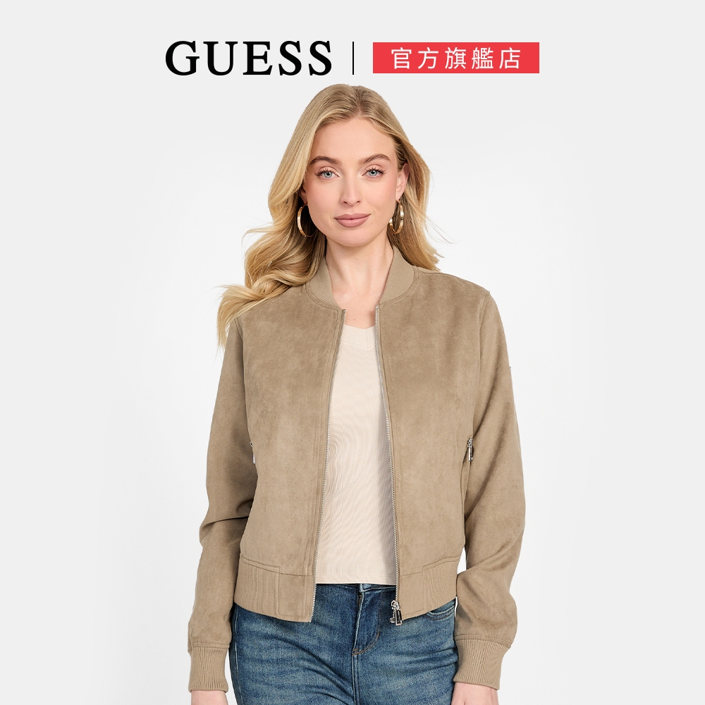 【GUESS】仿麂皮立領拉鍊口袋外套-卡其