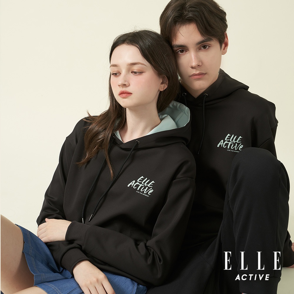 ELLE ACTIVE *男女共款*時尚休閒連帽長袖上衣 黑色-EA24A2F140399