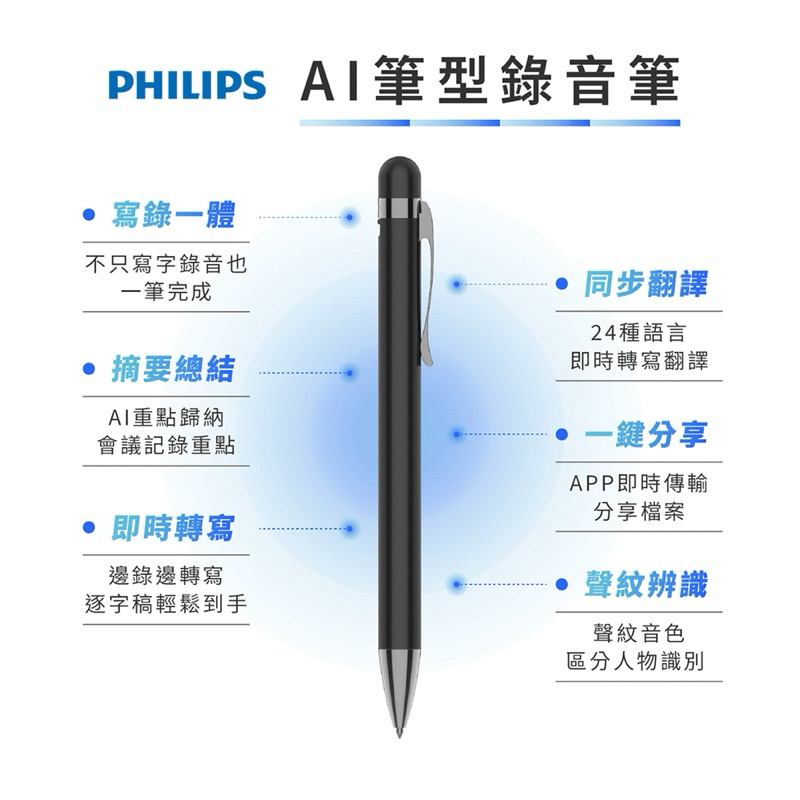 現貨 保固一年PHILIPS 小飛筆 AI 筆型錄音筆 VTR5900 Ai摘要整理 翻譯 學習筆記 採訪重點 會議記錄