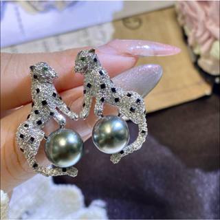 日本製 | 獨一無二的經典美洲豹🐆重工豹子 #天然海水大溪地黑珍珠 豹子耳環