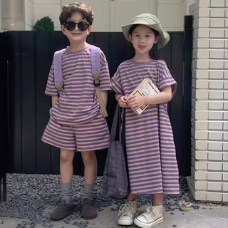 【小斑麻童裝】春夏新款 網紅炸街兄妹裝 兒童套裝 夏季ins條紋短袖上衣 短袖短褲 女童長版T恤 長裙 親子裝 男女童裝