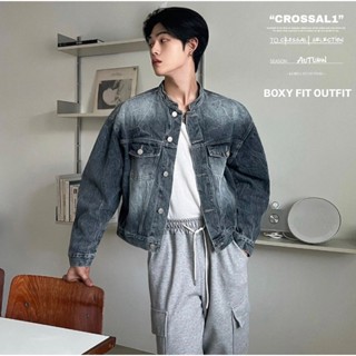【CROSSAL1】韓國🇰🇷 短版立領爆裂紋刷色牛仔外套 短版外套 牛仔外套 機車外套 水洗 爆裂紋 長袖外套