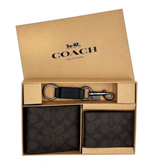 【COACH】C LOGO男款8卡短夾附鑰匙圈活動證件夾禮盒(深咖)