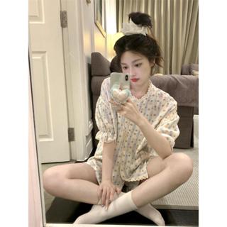 法式 氣質時尚 百搭碎花 設計感 洋氣 可愛短袖睡衣 夏季新款 大碼MM設計感 溫柔甜美 睡褲兩件套女