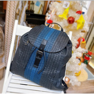 二手旗艦 BOTTEGA VENETA BV 黑藍灰色 羔羊皮 編織 後背包(中友店)