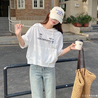 CUTNSEW 【82618】現貨 美式休閒連帽五分袖上衣 短袖 春夏 寬鬆 寬版 帽T 上衣 短版 運動風