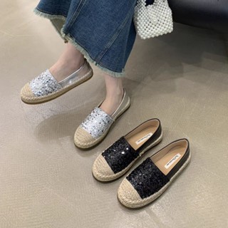 亮片厚底休閒漁夫鞋樂福鞋懶人鞋草編鞋 銀色 黑色