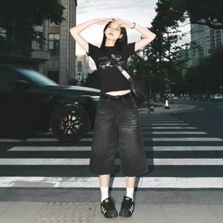 壹禾YIHOO～隔日達 7分褲 美式牛仔褲 七分牛仔褲 大碼短褲 休閒短褲 寬鬆短褲 闊腿短褲 寬鬆短褲 七分短褲
