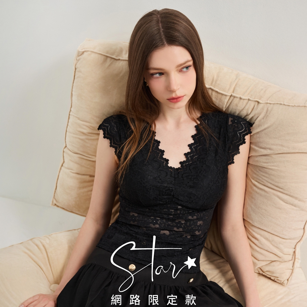 SO NICE V領蕾絲小蓋袖無鋼圈固定罩杯BRA TOP｜白/黑/淺卡其｜STAR系列｜都會女裝 【3353K038】