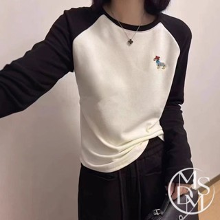 【MDMS】斑馬刺繡 純棉長袖上衣 (3colors) 法式簡約拼接 秋冬 加絨棉質上衣 韓式復古風 圓領設計 W095
