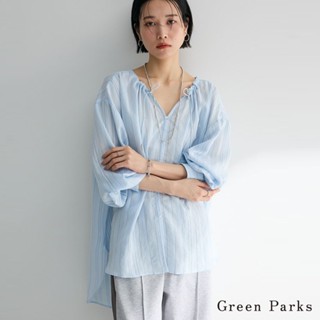 Green Parks 抽繩領口微透條紋側開衩長版襯衫(06000177000)