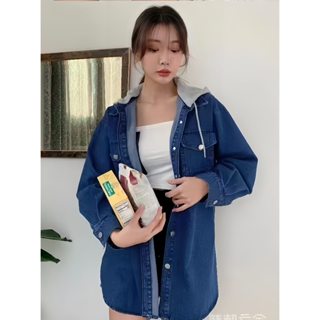 CHILL現貨 連帽水洗牛仔襯衫(可拆帽) 中款牛仔外套 排扣牛仔襯衫版修身長袖襯衫 牛仔襯衣 女外套 女生 預購