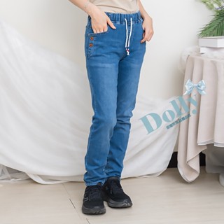 Dolly多莉大碼專賣店 臺灣現貨 大尺碼鬆緊腰頭口袋2粒釦牛仔長褲5562