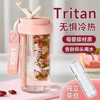 夏季水杯 女生 高顏值 2025 新款帶茶隔刻度吸管杯耐高溫tritan水壺杯子600ml帶茶隔吸管杯夏天水杯女生高顔值