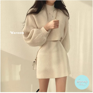 Waroom|現貨 A597聖誕節穿搭韓國立領燈籠袖短版針織罩衫+背心連身裙|女裝|兩件套|毛衣套裝|針織毛衣|長袖套裝