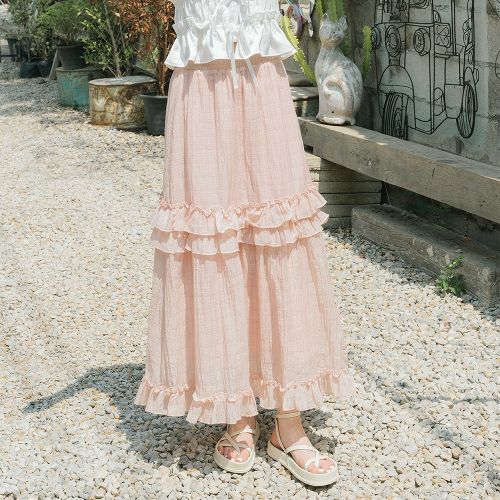 QUEENSHOP_ S 女裝 皺皺細褶荷葉造型蛋糕長裙 三色售 現+預【03021596】