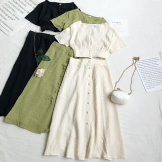 兩件套裙裝 夏季新款時尚v領短袖壓褶短版上衣+高腰顯瘦單排扣大擺半身裙套裝