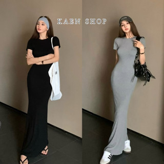 A655#歐美ins風簡約長版連身裙 女時尚復古修身顯瘦短袖洋裝 小眾短袖連身裙 女素色長版洋裝