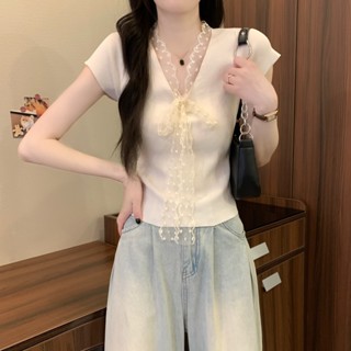 臺灣現貨🎀TOMA春夏圓點薄紗蕾絲領帶V領短袖針織衫 純色素色彈力針織T恤 蕾絲綁帶短袖上衣*多色 👠EN007