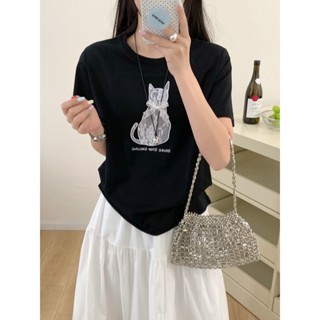法式甜美氣質蕾絲刺繡小貓減齡百搭短袖t 純棉上衣 2025春夏女裝 夏天上衣