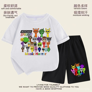 🔥臺灣出貨🔥Sprunki新款節奏盒子印花套裝夏季兒童男女短袖純棉圓領時尚新品
