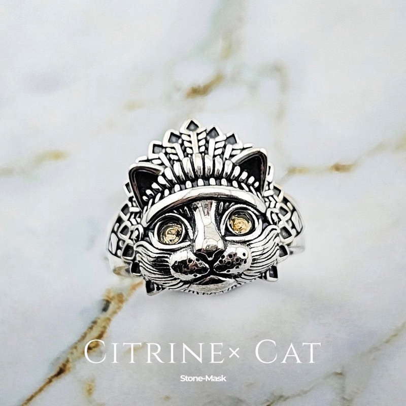 石鬼面🔅天然 刻面 黃水晶 水晶 貓型 復古 可愛貓咪 貓戒指 純銀戒 Cat-31