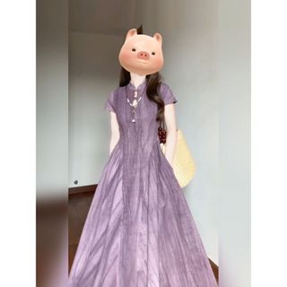 【40KG-70KG】S-2XL胖mm新中式國風清冷感精緻紮染旗袍連身裙女夏鏤空收腰顯瘦長裙
