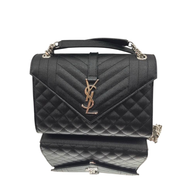 Saint Laurent 600185 YSL Envelope 粒面絎縫中型信封包 黑色銀鍊