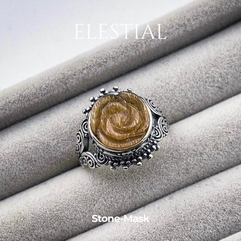 石鬼面🔅天然 金骨幹 水晶 花型 復古 純銀戒 Elt-04