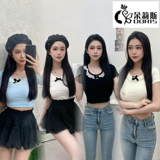 【Doris朵莉斯服飾】(現貨當天出)🟡#8922小眾氧氣感微甜蕾絲蝴蝶結針織上衣(彩色方塊)