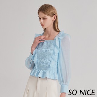 SO NICE【特惠】方領立體彈力褶皺短版雪紡上衣｜都會時尚女裝【75431008】