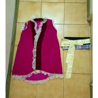 COSPLAY 服裝~蘿莉塔 LOLITA~桃紅色緹花日式和服~蕾絲無袖和風服~金色蝴蝶結腰帶~萬聖節~二手