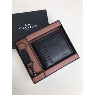 COACH美國outlet正品新款男士短夾 編織款荔枝紋牛皮拼色兩折錢包 內附相片夾 附鑰匙圈禮品盒