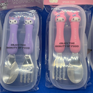 ［餐具］304不銹鋼，三麗鷗美樂蒂庫洛米帕恰kitty大耳小叮噹湯匙叉子套裝組兩件組，兒童餐具成人餐具，附盒子