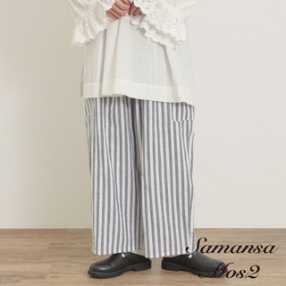 Samansa Mos2 【Cross×Linen】條紋/素面亞麻側口袋直筒長褲(0F000552510)