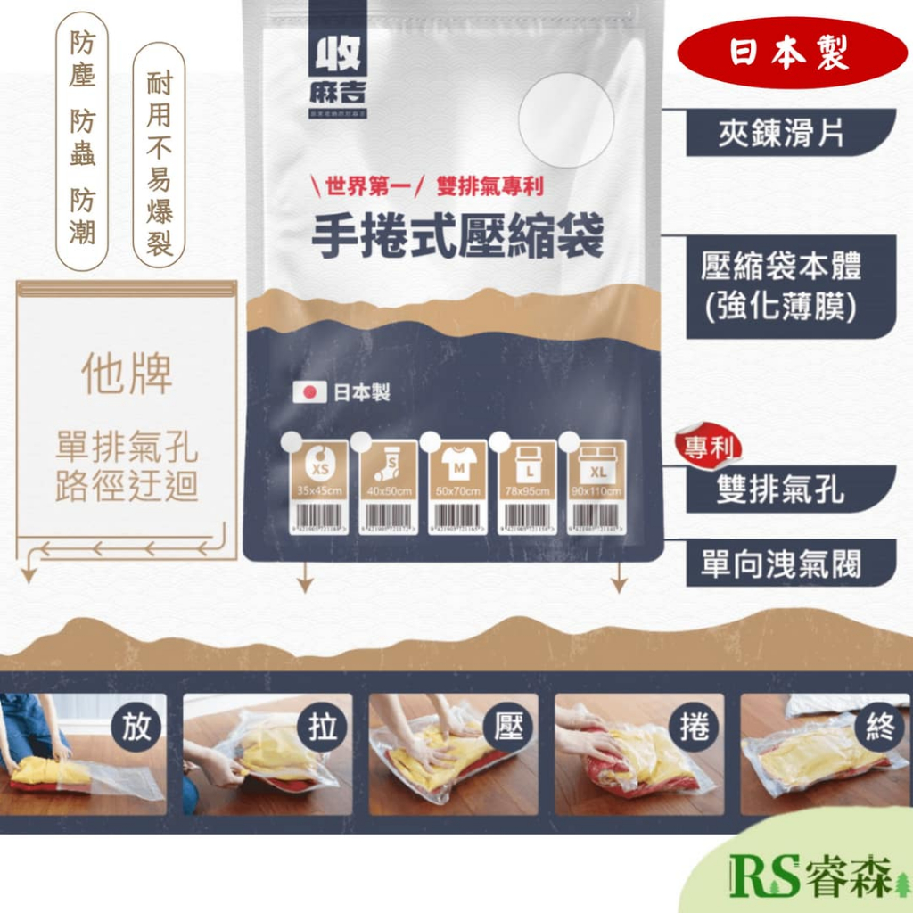 收麻吉 日本製 手捲式真空壓縮袋 壓縮收納袋 旅行收納袋 真空壓縮袋 可重覆使用壓縮袋 行李箱旅行收納袋
