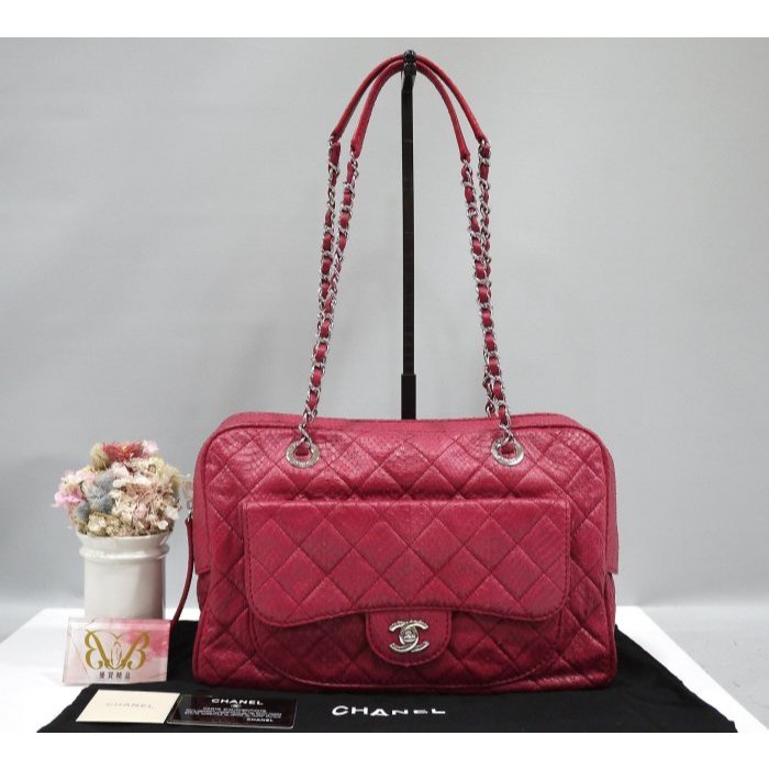 ☆優買二手精品名牌店☆ CHANEL GST NEW CAMERA BAG 限量 櫻桃紅色 蛇皮蟒蛇皮 銀鍊 手提包肩背