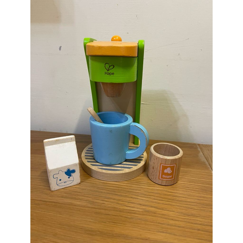 【二手玩具】Hape 木頭咖啡機組｜仿真廚房角色扮演玩具｜含杯子牛奶糖罐湯匙