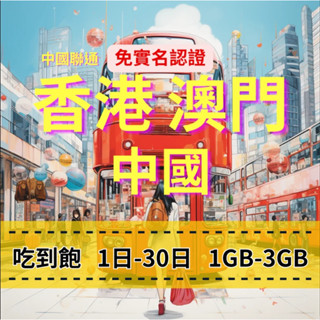 【eSIM】中港澳上網【1天】【1GB-3GB】eSIM 每日方案 吃到飽方案 香港上網 澳門上網 中國上網 快速上網