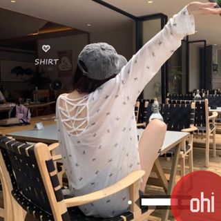 【ohi】小心機露背罩衫防曬T恤 蝴蝶結印花休閒 針織罩衫 防曬衫 薄款長袖 T恤 女上衣 女裝 GCX4006