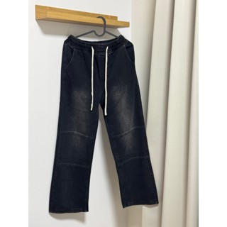[Wuwa Jeans] 中性棉繩伸縮刷色大直筒牛仔褲 黑/深藍2色